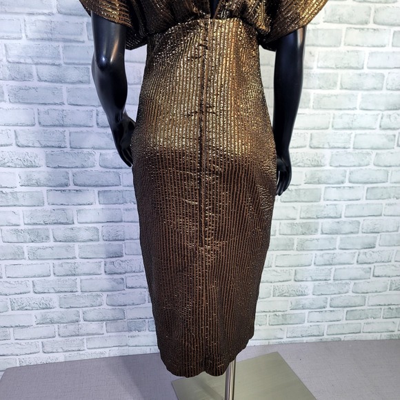Vintage 70s Julia Womens M Brown Gold Taffeta Ribbed Dolman Sleeeve Disco Dress - Picture 11 of 14